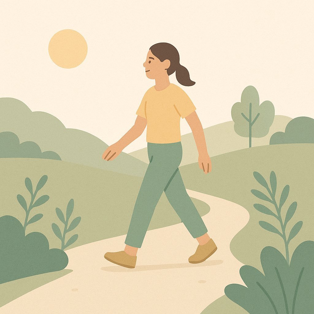 Persona caminando ligera por la naturaleza, símbolo de bienestar y constancia en los hábitos saludables diarios.