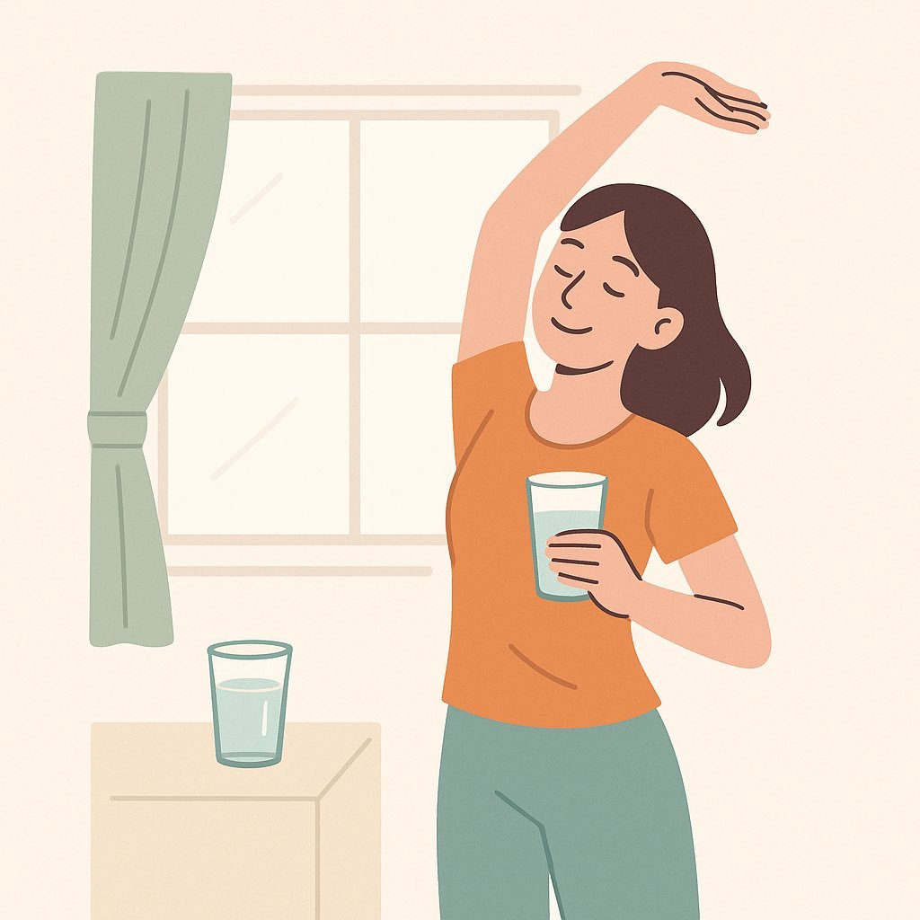 Persona practicando hábitos saludables diarios al empezar el día con agua y estiramientos frente a la ventana.