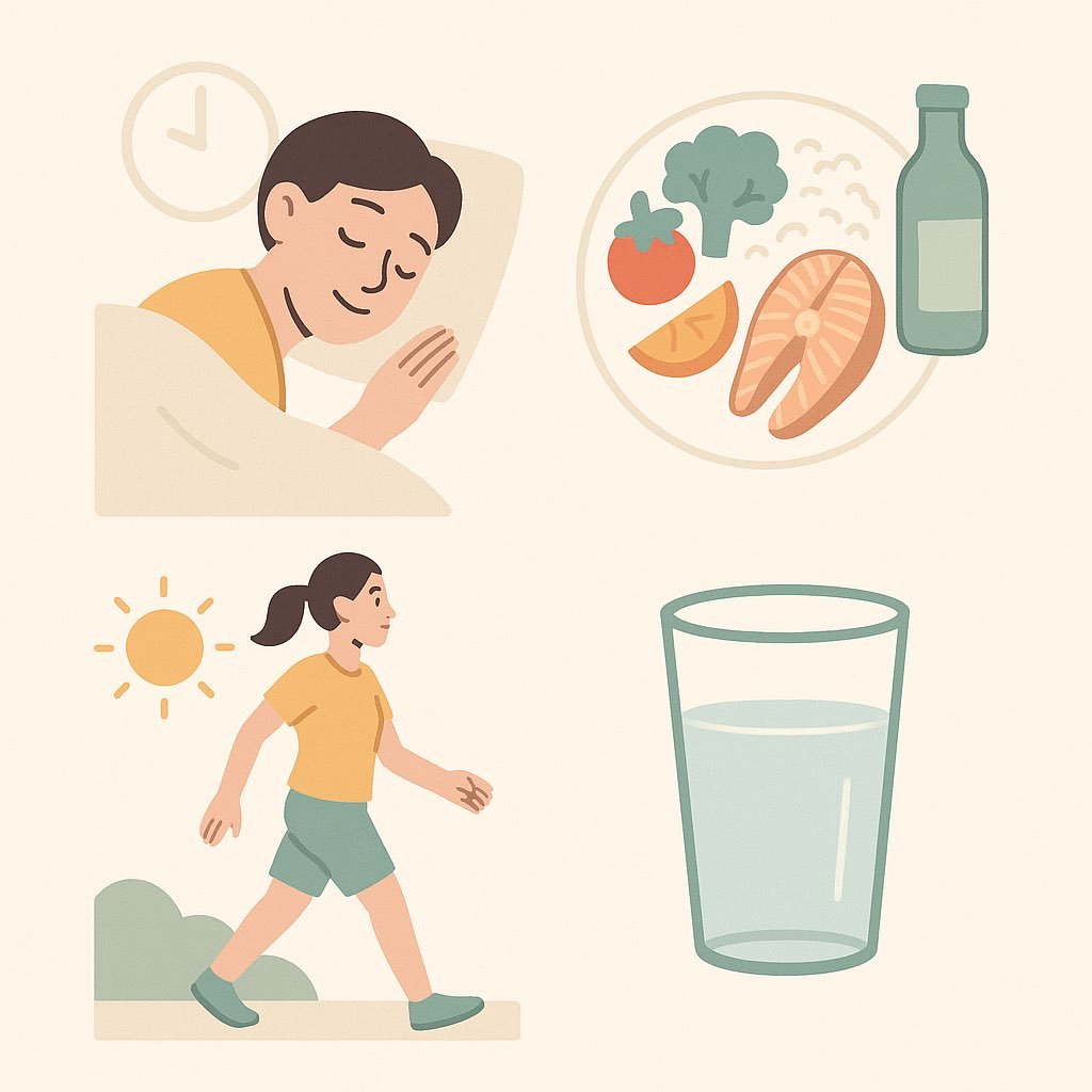 Ilustración de varios hábitos saludables diarios como dormir bien, comer sano, moverse y beber agua.