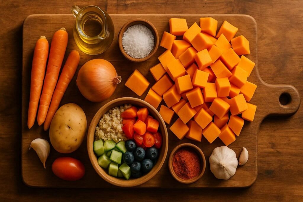 ingredientes frescos para preparar crema de calabaza saludable y ligera para cenar