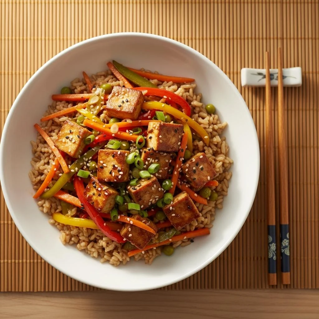 arroz integral salteado con tofu y verduras al estilo asiático