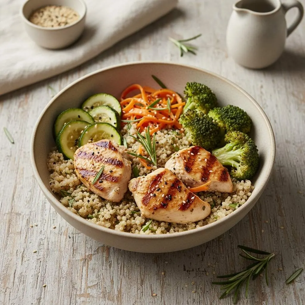 bowl saludable de pollo quinoa y verduras