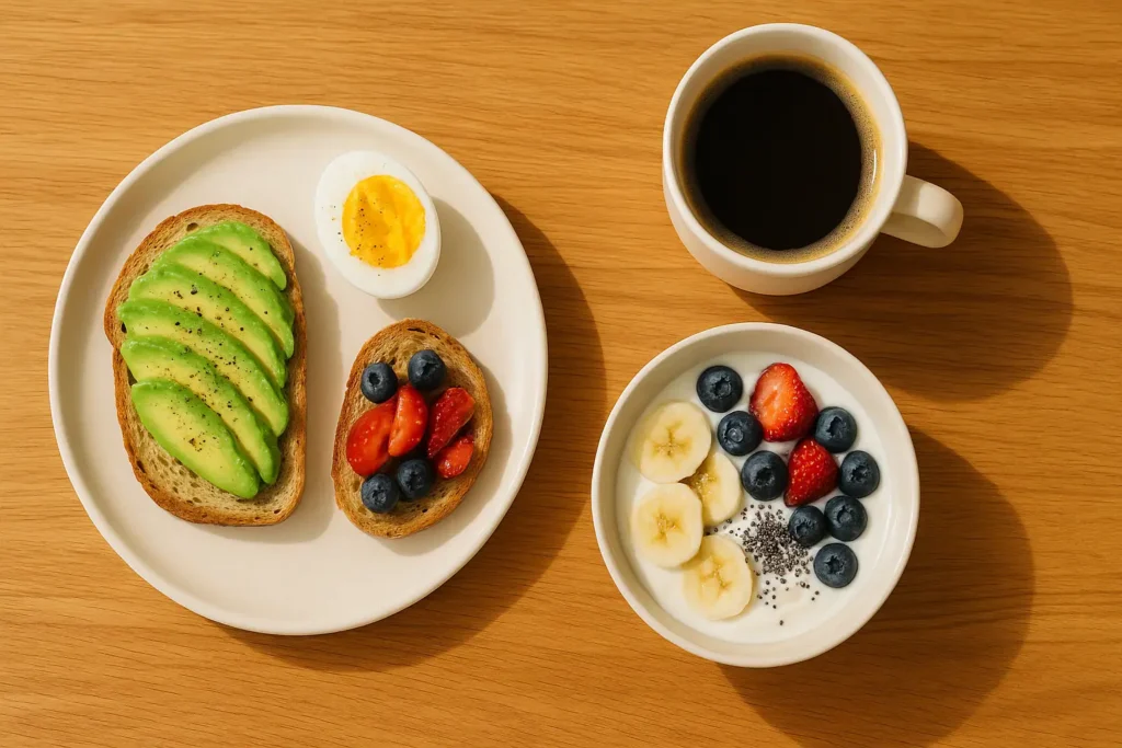 Desayuno casero con tostadas de aguacate, yogur con fruta y café servido en una mesa con luz natural.