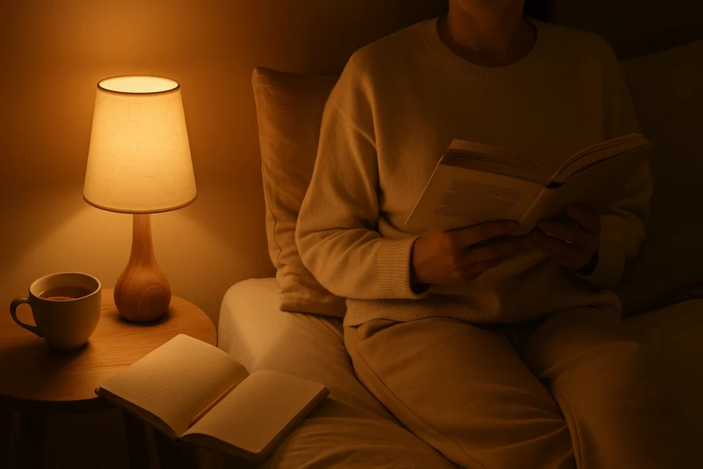 Persona leyendo antes de dormir con luz cálida y una taza de infusión sobre la mesita.