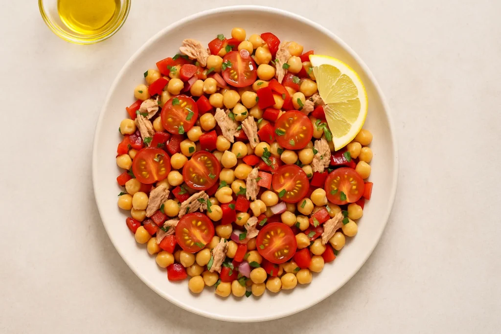 ensalada mediterránea de garbanzos y atún saludable