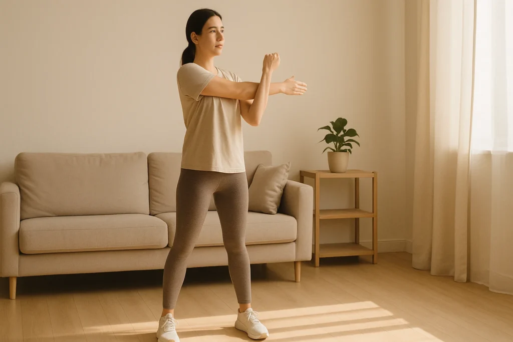Persona realizando estiramientos suaves en casa dentro de su rutina diaria saludable.