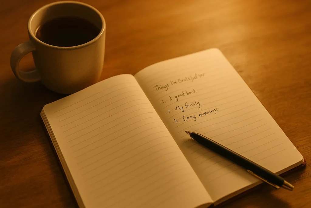 Libreta abierta con notas de gratitud y taza de té en una escena relajante de rutina saludable.