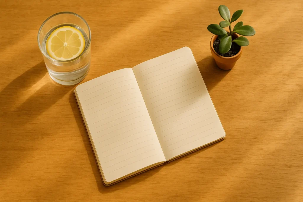 Vaso de agua con limón y libreta abierta sobre mesa de madera como parte de una mañana saludable y organizada.