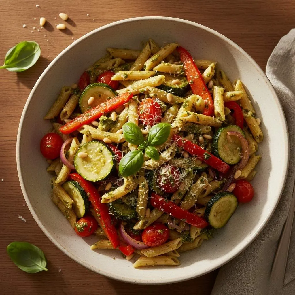 pasta integral con verduras y pesto casero saludable