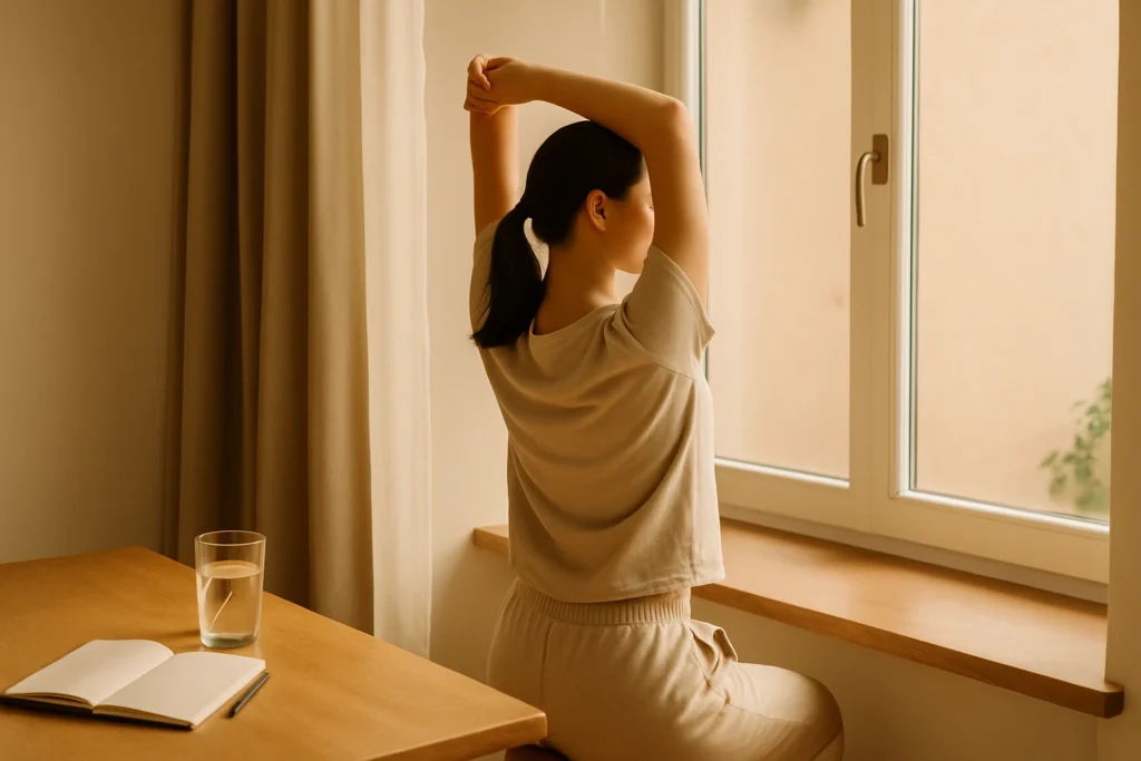 Persona realizando una rutina saludable diaria matutina junto a la ventana con luz natural y un vaso de agua sobre la mesa.